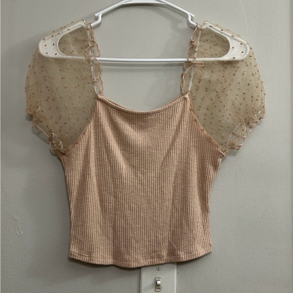 Altar'd State Ribbed Knit Puff Sleeve Mesh Polka Dot Crop Top Size M